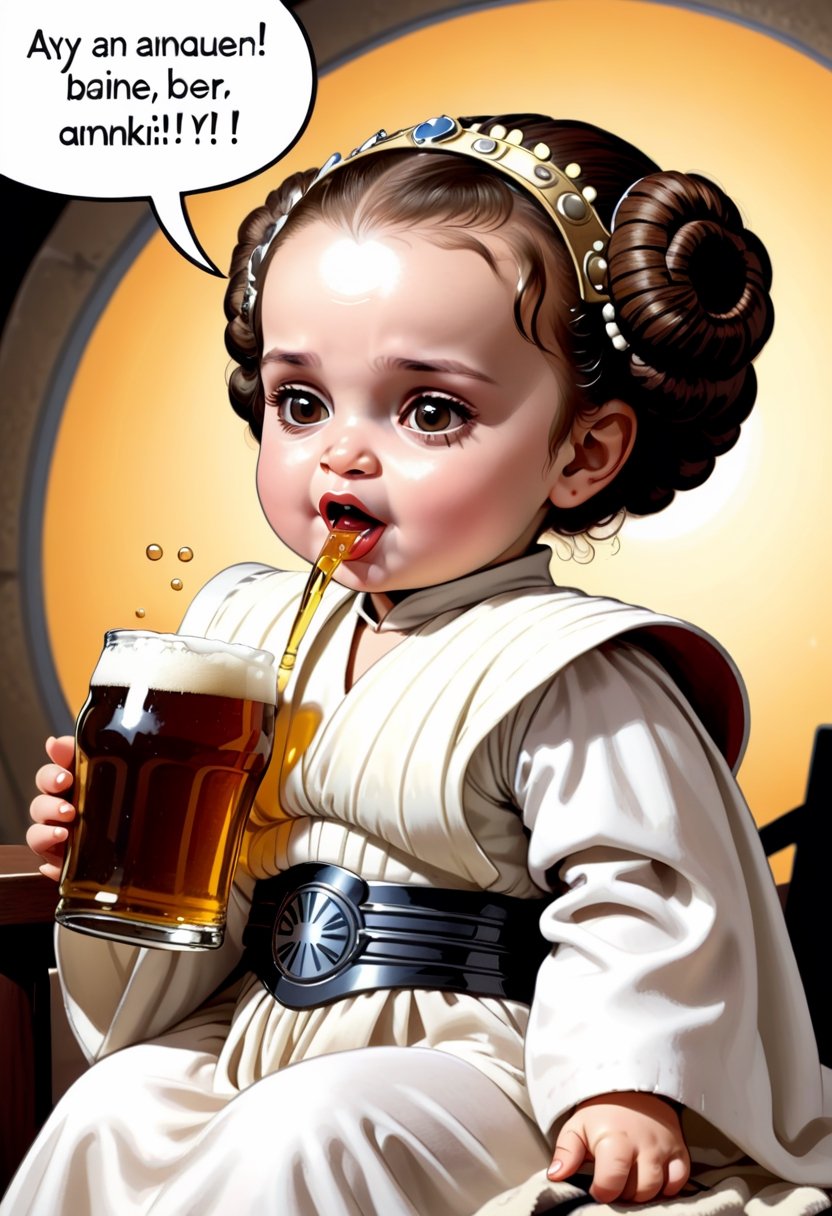 Baby Queen Padme Amidala, drinking beer ,  Comic strip speech bubble says "Anakin!". 