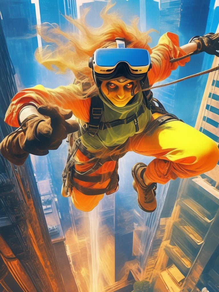 Ghost, wearing VR headset  rappelling down a skyscraper,