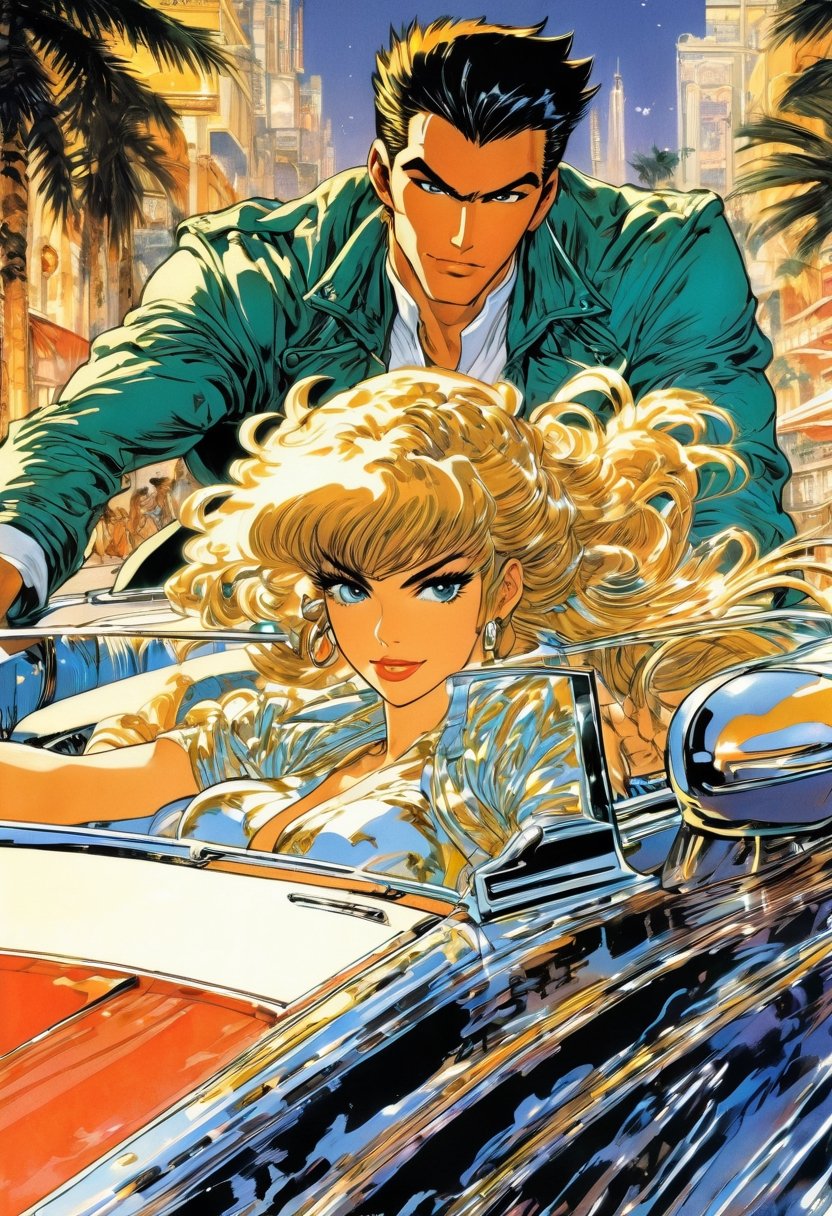 Anime artwork. Couple crusing in a convertible, art by Masamune Shirow, art by J.C. Leyendecker, anime style, key visual, vibrant, studio anime,  highly detailed