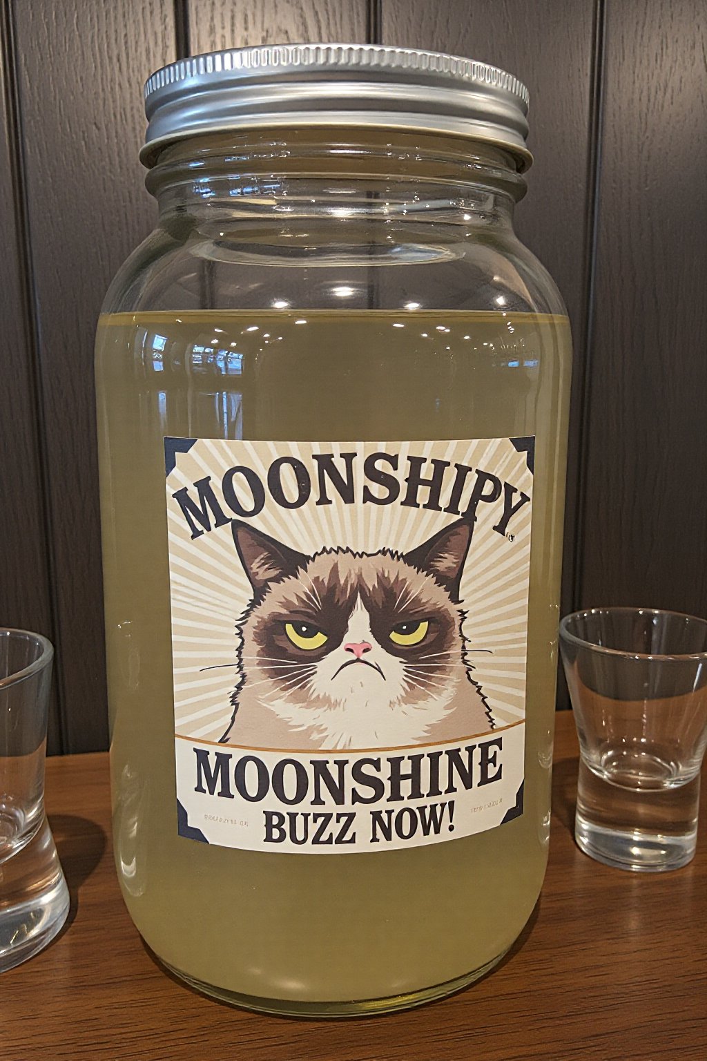 Design a quirky and humorous moonshine jar featuring the famous Grumpy Cat on the label. The glass jar is classic in shape, filled with clear moonshine, and has an old-fashioned, rustic aesthetic. The label prominently shows a grumpy illustration of Grumpy Cat, frowning intensely, with the text 'Grumpy Moonshine' at the top and 'Buzz Now!' in bold letters below. The label design blends vintage style with a modern, comedic twist, using muted colors and distressed fonts to give the bottle an authentic yet playful feel. The jar sits on a wooden surface, perhaps with a shot glass next to it, creating a setting that feels homey yet edgy, in line with the moonshine theme