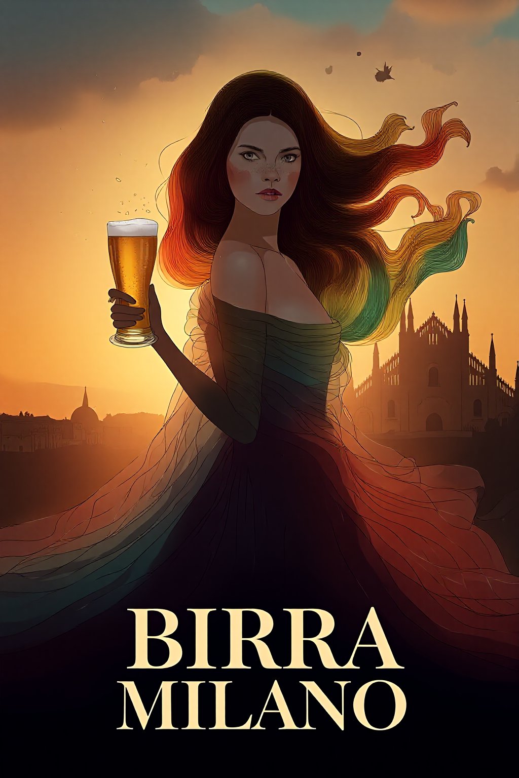 1st 3D prompt: 3d octane render. advertisement for 'Birra Milano.' The poster features a dark-haired woman with flowing rainbow colored hair, wrapped in a flowing, ethereal gown. She holds a tall glass of beer with elegance. The background showcases a silhouette of the iconic Milan Cathedral at sunset, with a warm orange and golden sky fading into darker tones. The large, bold text at the bottom reads 'BIRRA MILANO' in a classic font, complementing the overall artistic and elegant aesthetic of the poster.