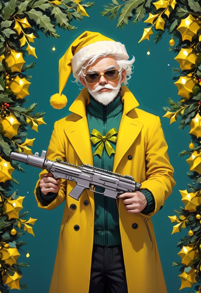 1man, white hair, yellow coat, yellow Santa hat, holding machine gun, mistletoe decoration, masterpiece, best quality, dreamwave, aesthetic,