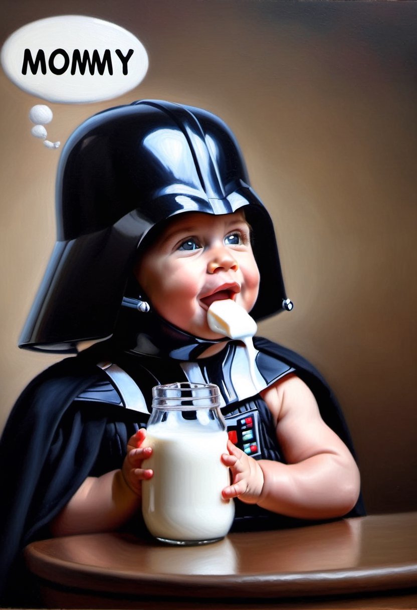 Photo of Baby wearing Darth Vader Helmet, sucking on a bottle of milk,  Speech bubble spells the word "MOMMY". ,oil painting