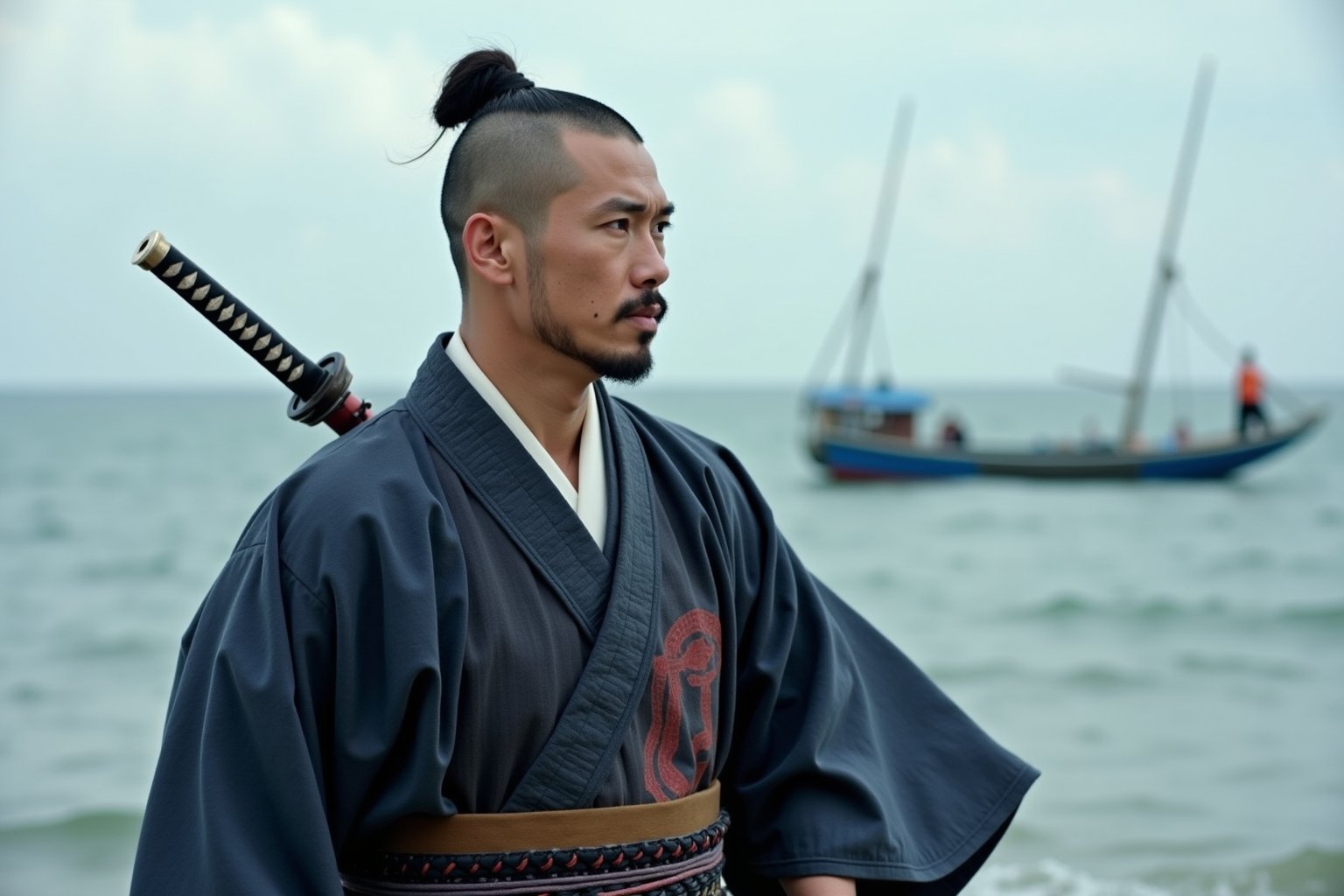 A Japanese man dressed as a Samurai, with a chonmage  haircut. He carries a sword on his waist. Background is the sea with a fishing boat