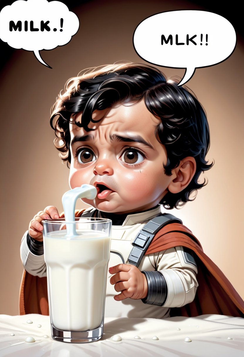 Baby Poe Dameron, drinking milk ,  Comic strip speech bubble "MILK!". 