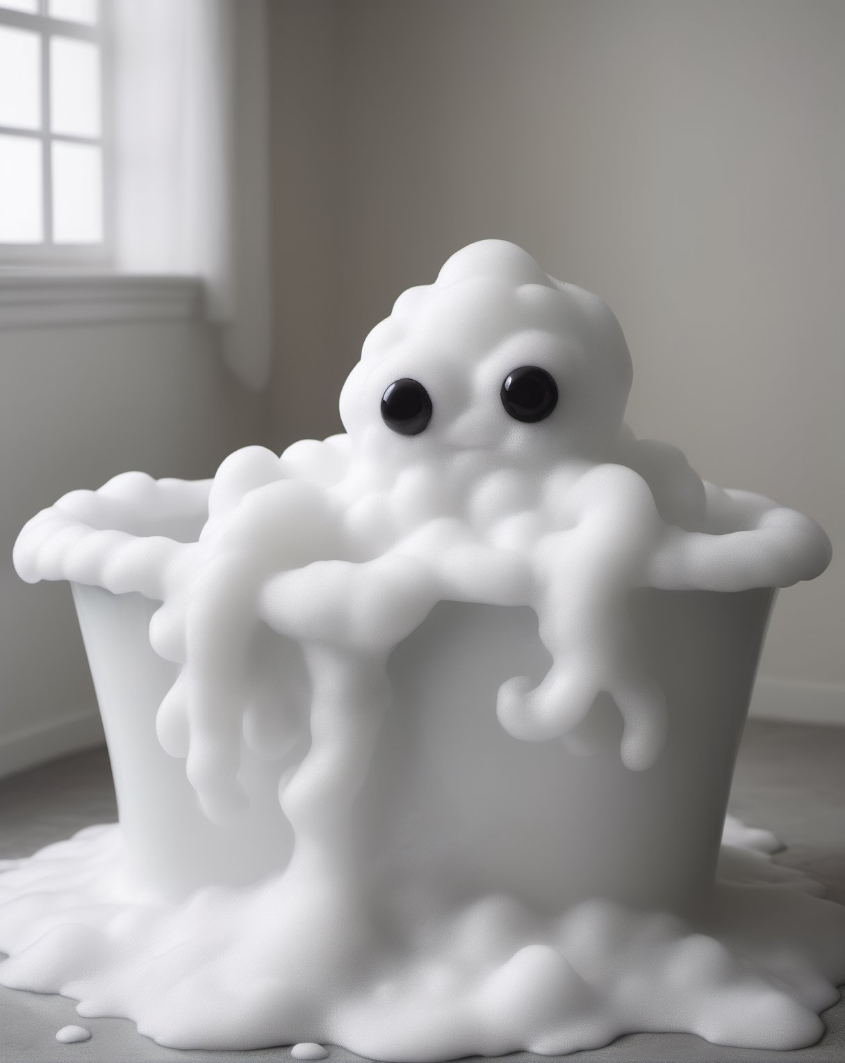 Photo of cute eldritch monster , made out of bath foam, taking a bath , Victorian style bath tub