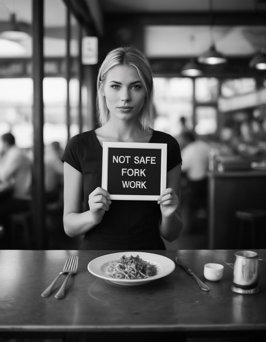 award winning photo, beautiful woman at a restaurant, holding a sign that says "NOT SAFE FORK WORK"