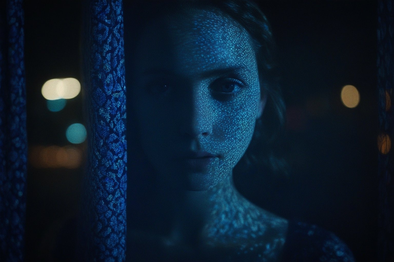 cinematic film still of   A silhouette photo of a mosaic princess looking at camera in a dark street at blue night with her face casting window curtain shadow style, shallow depth of field, vignette, highly detailed, high budget, bokeh, cinemascope, moody, epic, gorgeous, film grain, grainy