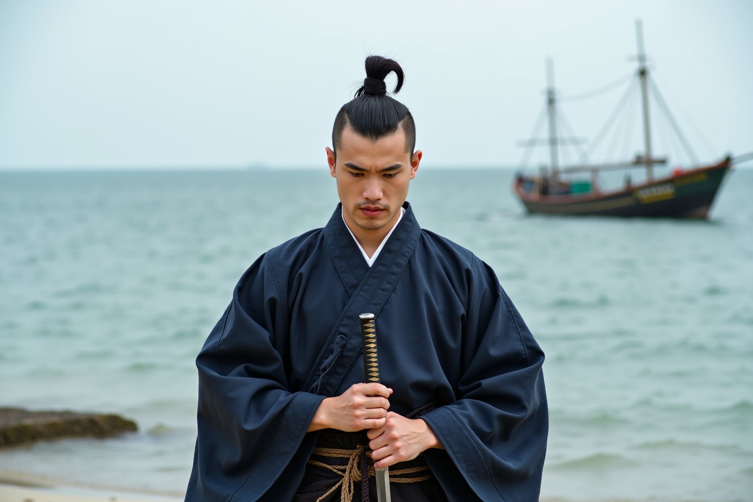 A Japanese man dressed as a Samurai, with a chonmage  haircut. His hand are on the hilt of his sword hanging around his waist. Background is the sea with a fishing boat