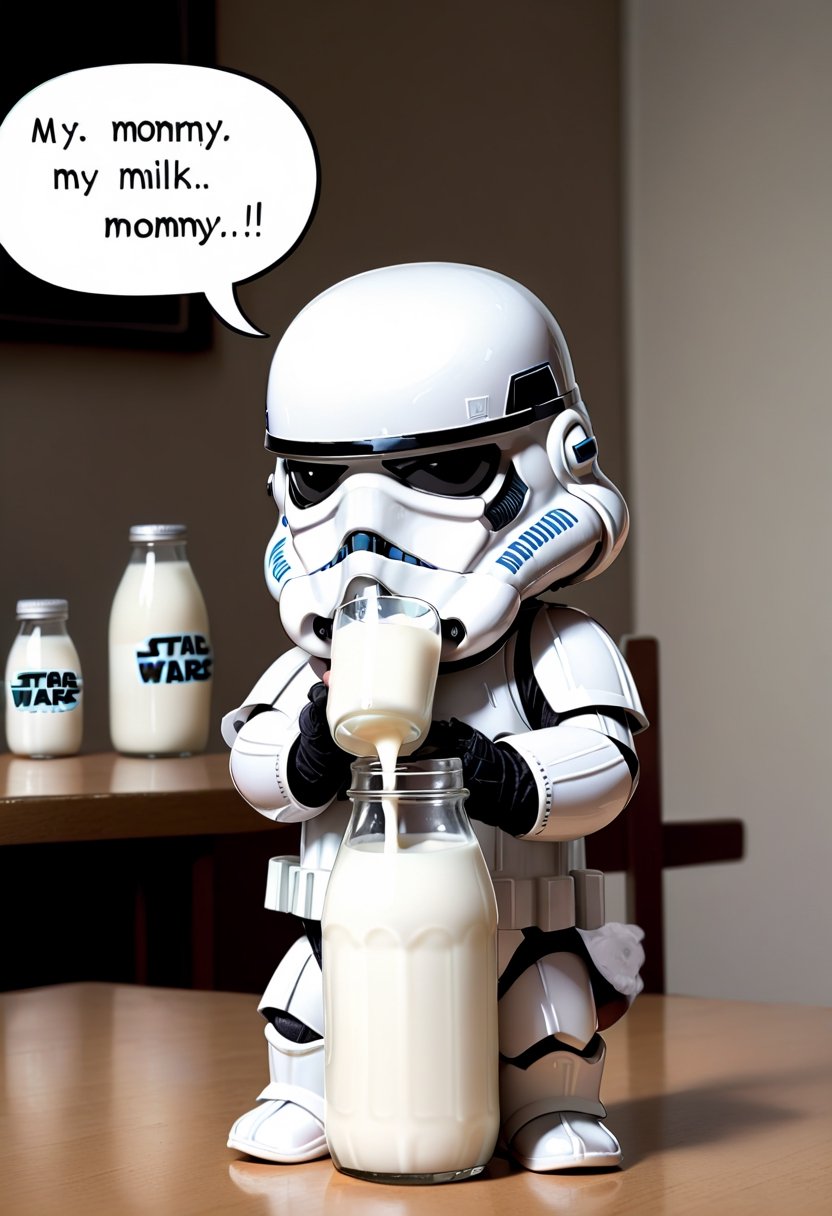 Baby Stormtrooper from Star Wars, drinking milk from bottle,  Comic strip speech bubble says "MOMMY". 