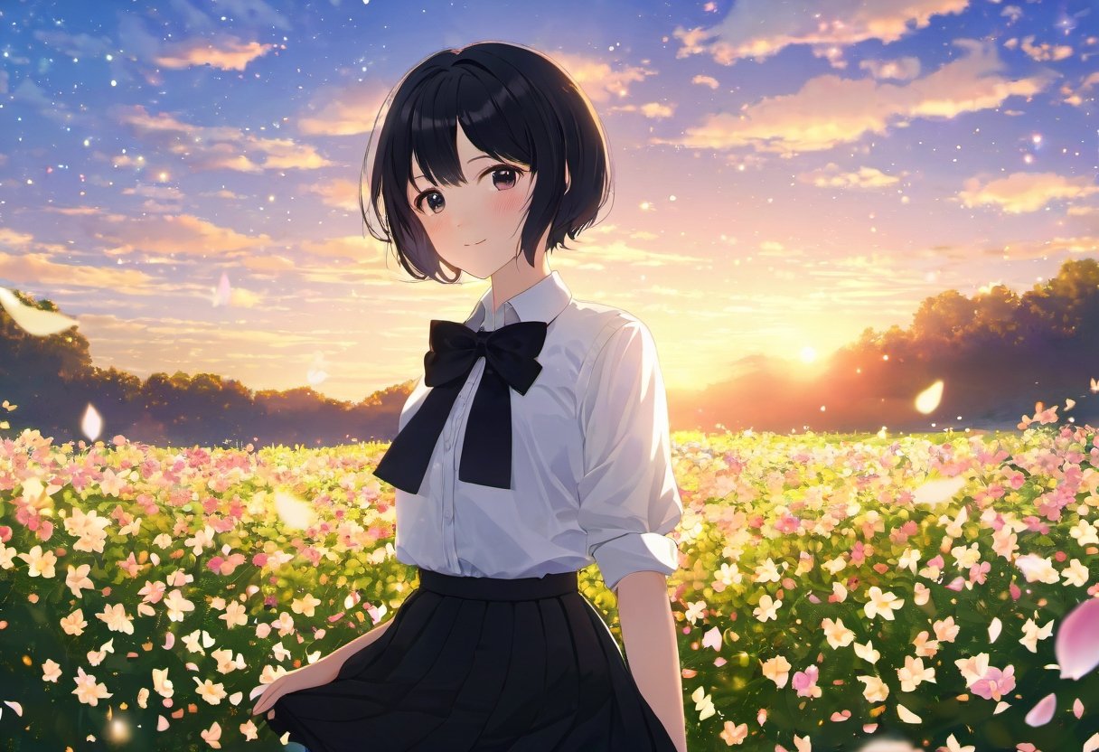 a young woman dressed in a white shirt and a black skirt, standing in a field of flowers. She is wearing a black bow tie and has a flower in her hair. The scene is set during sunset, creating a serene and picturesque atmosphere, masterpiece, best quality, cinematic composition, best lighting, 1girl, flower, solo, field, skirt, flower field, outdoors, black hair, shirt, black skirt, sky, bow, cloud, white shirt, standing, bowtie, black bow, sunset, short hair, looking at viewer, cloudy sky, light particle, petals, sparkle