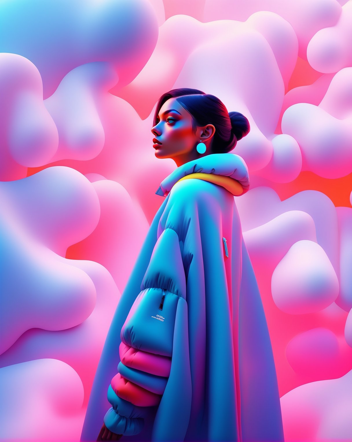 a woman wearing a poncho oversized puffer jacket, inspired by OffWhite, tumblr, inspired by Yanjun Cheng style, digital art, lofi girl internet meme, trending on dezeen, catalog photo, 3d render beeple, rhads and lois van baarle, bright vibrant colors, a beautiful artwork illustration ,art by mooncryptowow