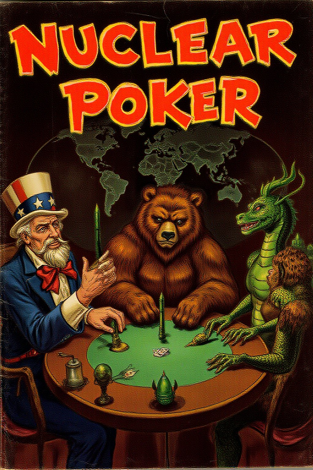 Vintage comic book cover. Create a satirical and symbolic illustration titled 'Nuclear Poker,' featuring Uncle Sam, a large bear (representing Russia), and a dragon (representing China) seated around a poker table. They are engaged in an intense game, with miniature missiles in the center of the table as their stakes. Uncle Sam is on the leftwearing his iconic red, white, and blue outfit, the bear sits in the midle, hulking and serious. The dragon is on the right, poised and watchful. The setting is a dark, moody room, with a world map or nuclear warning signs subtly placed in the background. The overall tone should blend humor, symbolism, and geopolitical commentary,