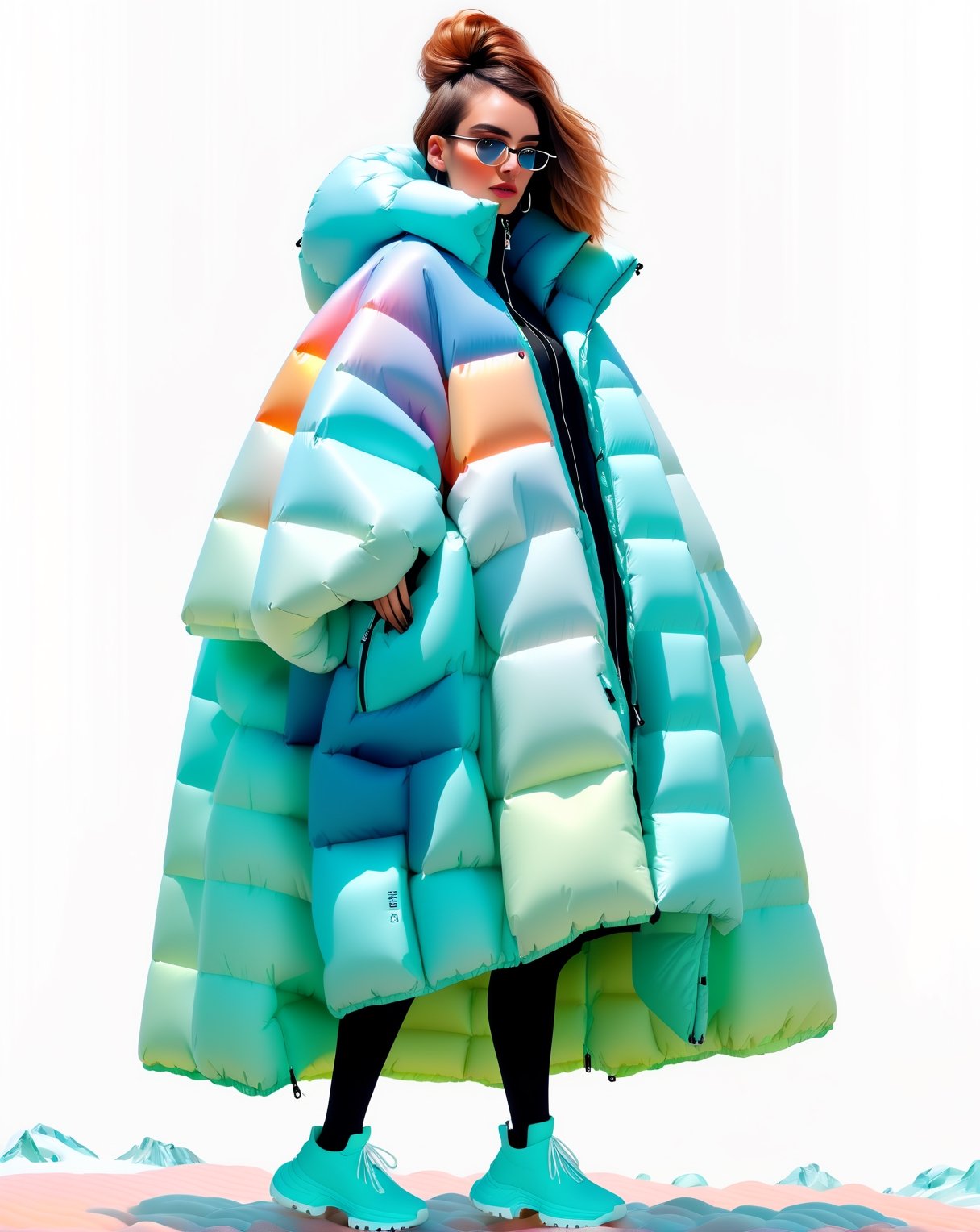 a woman wearing a poncho oversized puffer jacket, inspired by OffWhite, tumblr, inspired by Yanjun Cheng style, digital art, lofi girl internet meme, trending on dezeen, catalog photo, 3d render beeple, rhads and lois van baarle, bright vibrant colors, a beautiful artwork illustration ,art by mooncryptowow