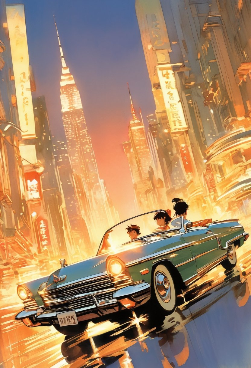 Couple crusing in a convertible, art by Makoto Shinkai, art by J.C. Leyendecker