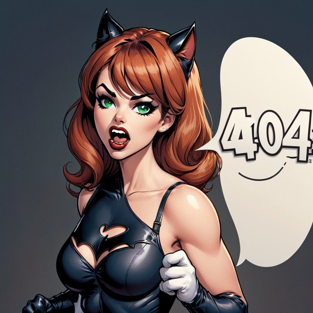 "40 4" TEXT LOGO. Cat Woman,  mouth open. Comic strip speech bubble "40 4",  TEXT LOGO, TEXT,TEXT LOGO