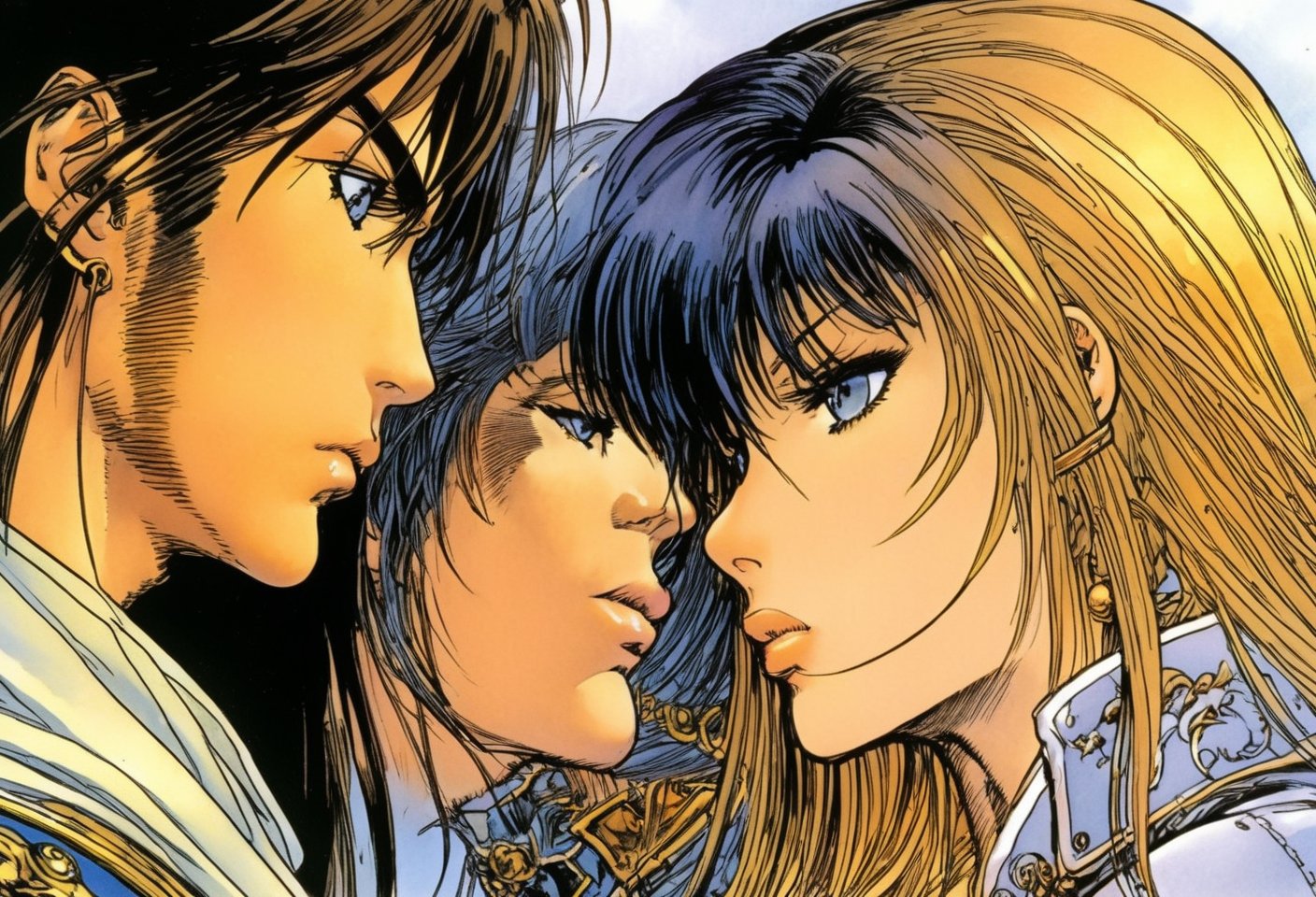 Art by Masamune Shirow. Closeup of a couple staring intensely at each other.