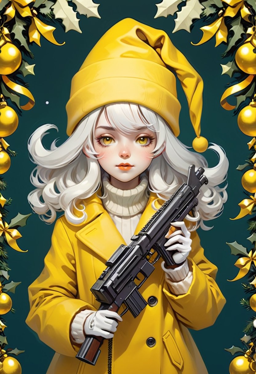 1girl,  white hair,  yellow coat,  yellow Santa hat,  holding machine gun,  mistletoe decoration,  masterpiece,  best quality,  dreamwave,  aesthetic