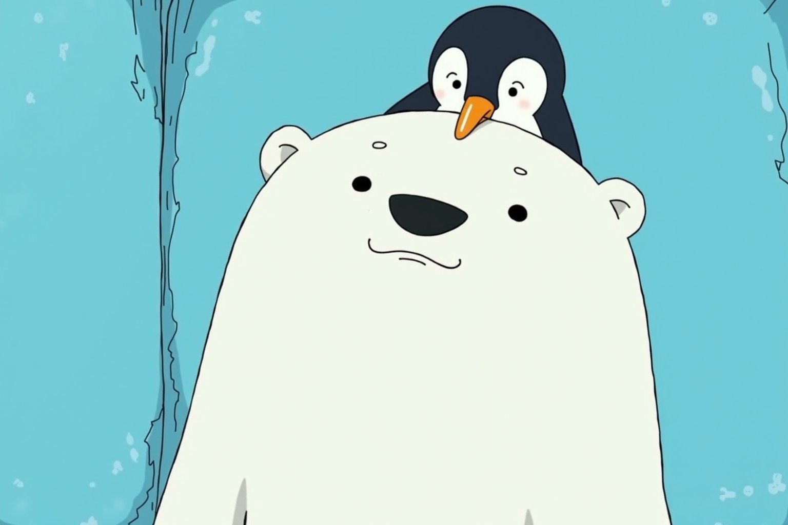 Anime style. A polar bear with  a funny expression, with a baby pinguin standing on its head, Background is a blue wall. This comic-style illustration is in the style of Herge and Hayao Miyazaki,