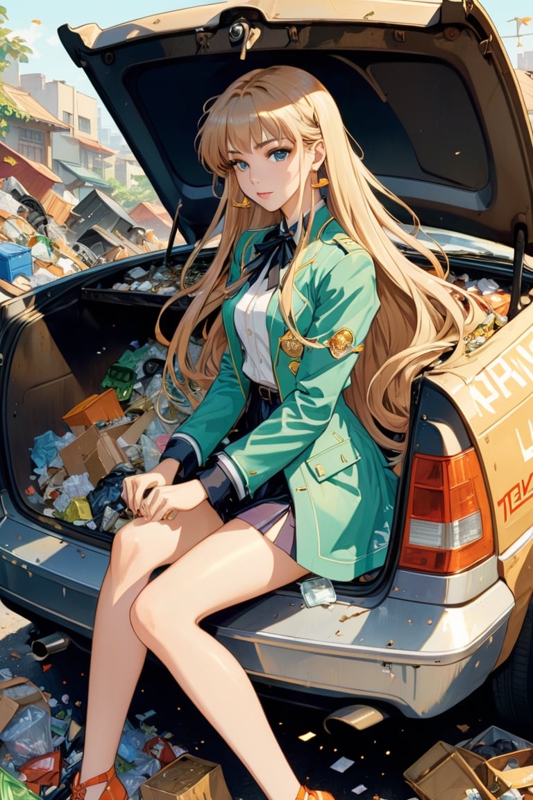 anime artwork, open trunk of a car, filled with trash, Woman, long hair, art by J.C. Leyendecker, anime style, key visual, vibrant, studio anime, highly detailed