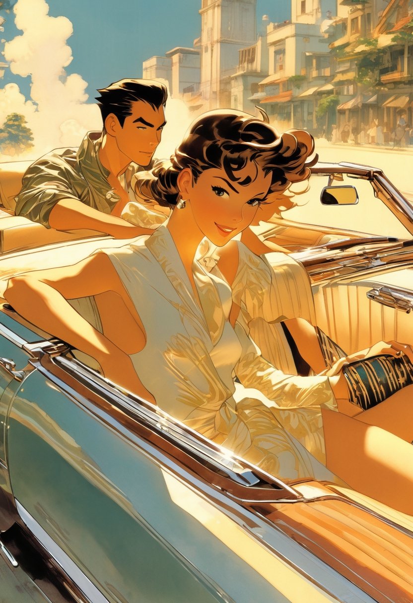 Couple crusing in a convertible, art by Makoto Shinkai, art by J.C. Leyendecker