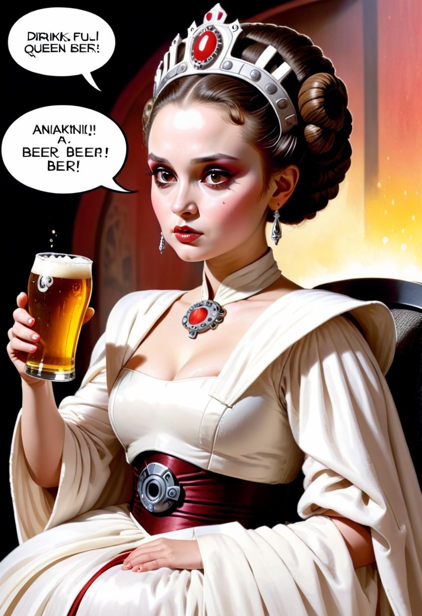 Baby Queen Amidala, full queen makeup and gown, drinking beer ,  Comic strip speech bubble "Anakin!". 