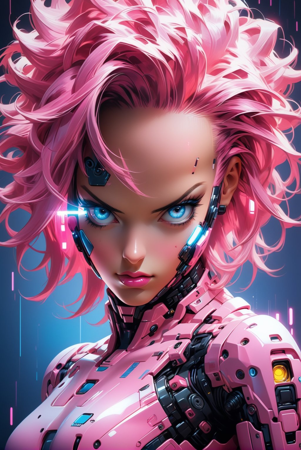 mid length of A gorgeous young European woman in pink cyberpunk suit, in mecha cyber suit, pink shiny hair, gorgeous blue eyes, straight pose, standing pose, calm and  style, perfect proportions, in the style of Suehiro maruo,  etam cru, irene sheri, punctured canvases, (Realistic), masterpiece, best quality, cinematic lighting, natural shadow, highest detail, professional photography, detailed background, insane details, intricate, aesthetic, subsurface scattering, dark tones, in the style of pink, yellow and black tones       