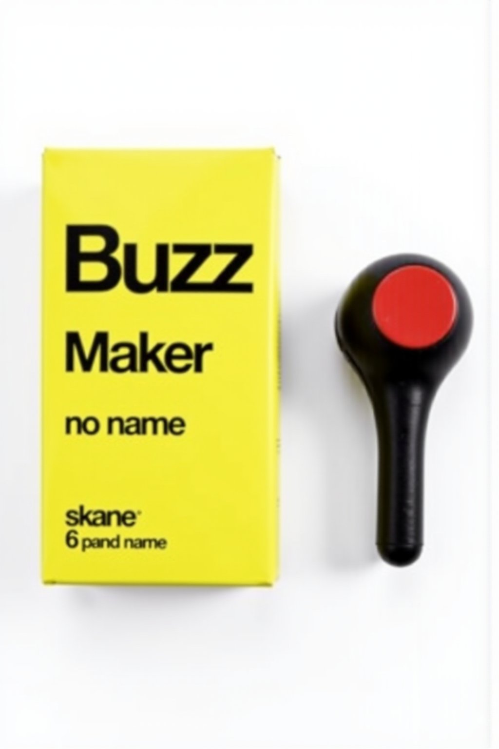 This is a photograph of a packaging box for buzz noise maker. The box is rectangular with a bright yellow background and a black border, displaying a minimalist design. The front of the box features prominent black bold text "Buzz", and "Maker" below in a slightly larger, bolder font. Below this, in smaller text, it reads "no name" in black. The dimensions are specified as Large and the brand name "6 Pack" is printed at the bottom right corner.  Next to the box is a black buzzer with a big red button