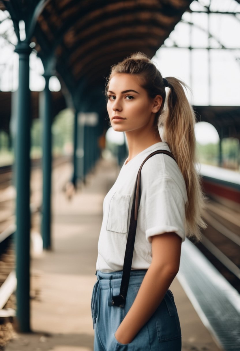 Photo of tired woman, 20yo, lose messy pony tail, standing next to post in a abandoned train station, hand in her pocket, retro 90s