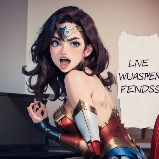 Masterpiece, beautiful, wonder woman,seductive smile, sexy, blush, blue eyes, all fours, open mouth, tongue, tongue out, 
