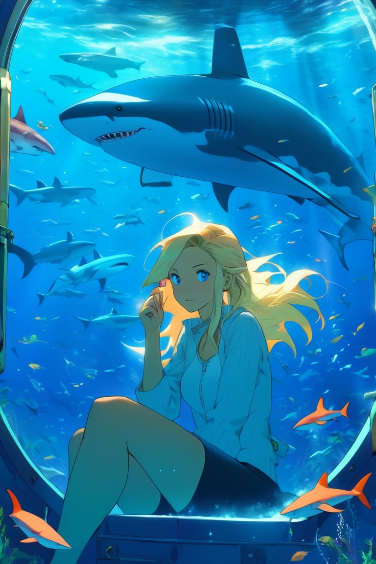 anime artwork, Blonde Woman, sitting beside a large port hole, inside a submarine, underwater scene, sharks, anime style, key visual, vibrant, studio anime, highly detailed, ClassipeintXL,LaxpeintXL