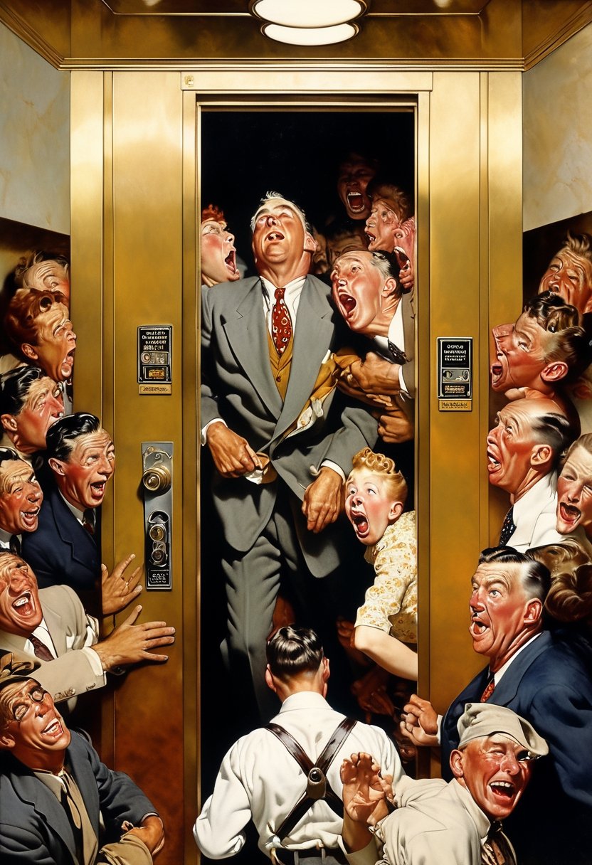 Interior of an elevator. A businessman, akimbo, joyfully & proudly farting on a crowded elevator as others wretch, grimace, and cover their noses, Norman Rockwell painting