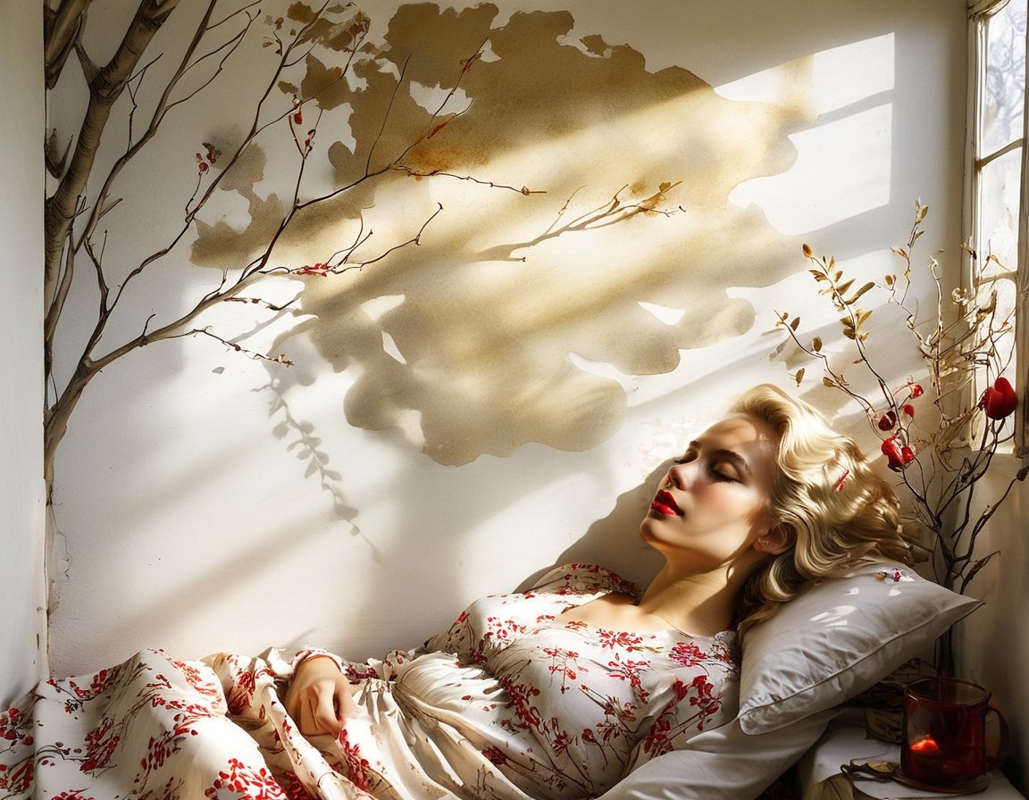 archdrafting, Sketch of patterned illumination casting a tree branch shadow a blonde woman, sleeping peacefully in the morning sunlight. The golden rays stream through a window, casting gentle shadows around her face, accentuating her full red lips and soft features