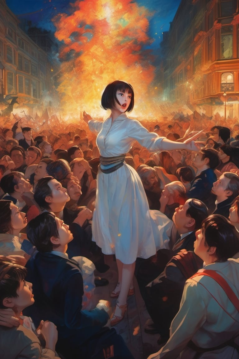 a girl seeing from sideway behind standing up and pointing with anger at a tyrant in the middle of a scared crowd on its knees, perfect proportion, full body, dynamic pose, highly detailed face, complex background, death parade, ultra highly detailed, by Peter Paul Rubens, Hieronymus Bosch, Alexey Menschikov, Todd Lockwood, vibrant colors, sureal, epic, high quality, 32k, effervescent atmosphere, fantasy manga painting