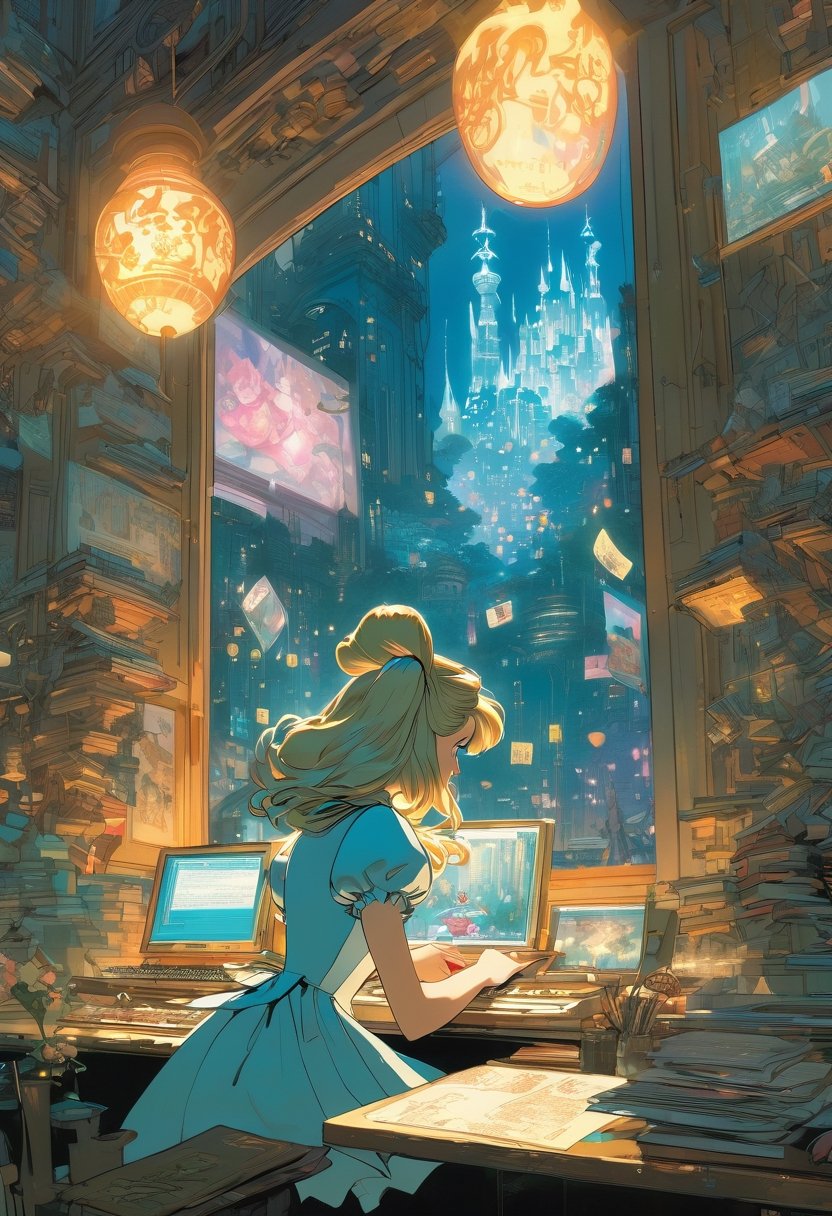 Disney Alice in Wonderland, hacking on a computer. Large window, cyberpunk cityscape, art by Makoto Shinkai, art by J.C. Leyendecker 