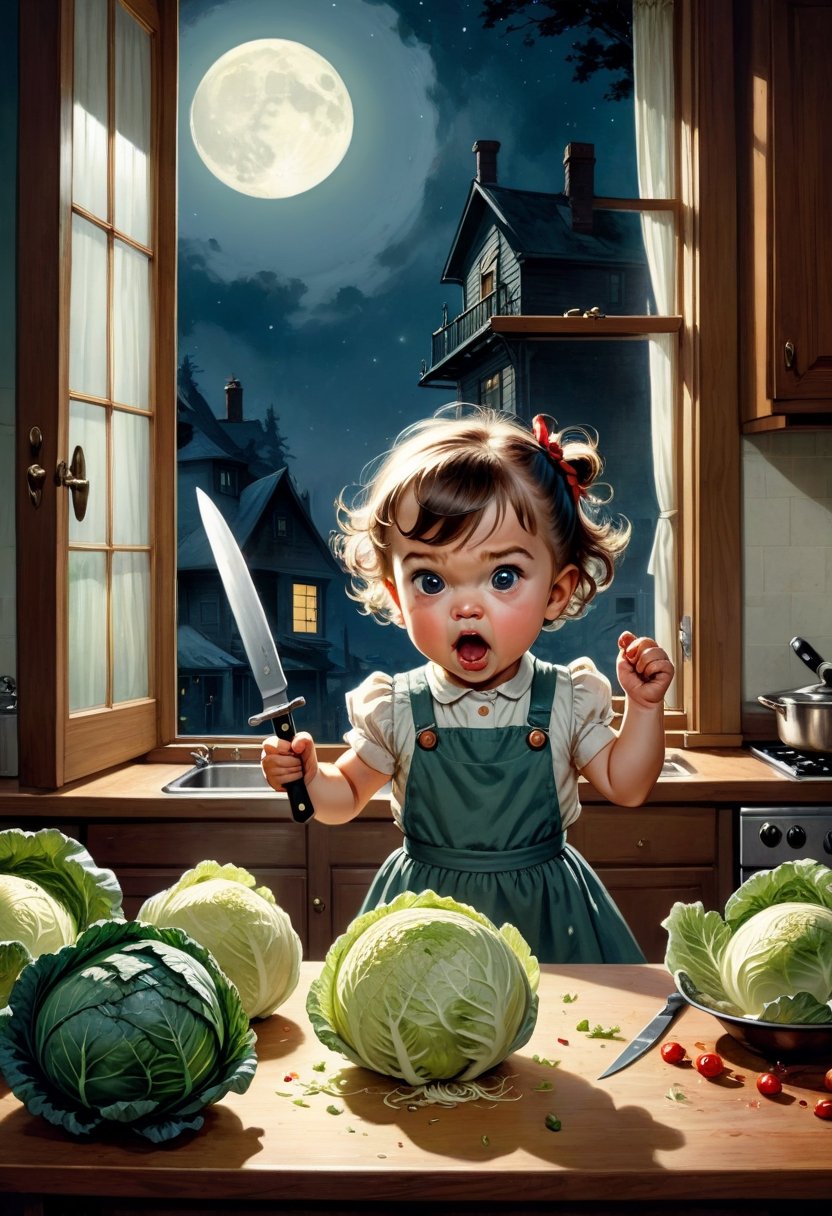 A baby girl 4 years old,  Fierce,  vintage,  2d,  pin-up,  ink,  watercolor,  mail art,  best quality,  kitchen room,  fierce cooking,  close up mad young Fierce housewife with big knife furiously attacks a head of cabbage . detailed extremely furious face expression,  dynamic pose,  kitchen,  table,  window,  moonlight,  Norman Rockwell,  Craola,  Dan Mumford,  Andy Kehoe,  Miyazaki,  flat,  cute,  adorable,  storybook detailed illustration,  ultra highly detailed,  tiny details,  beautiful details,  mystical,  luminism,  vibrant colors,  complex background