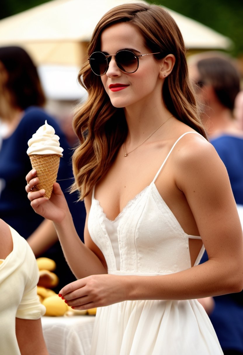 Photo Emma Watson, long hair, eating ice cream, white spaghetti strap summer dress