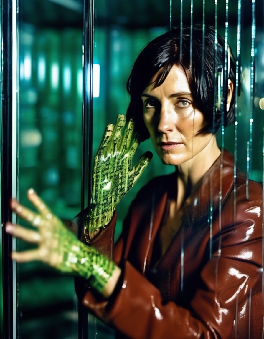 Cinematic photo full body, [:(1 woman glitching, falling green matrix code glyphs, shattering skin, computer glitch effect:2.1):0.15] cyberpunk Trinity (Matrix), Carrie-Anne Moss, short hair, inside a telephone call box , (facing the viewer:1.3), (right hand to the viewer against the glass:5), (left hand holding corded telephone receiver next to ear:2.0) . 35mm photograph, film, bokeh, professional, 4k, highly detailed . 35mm photograph, film, bokeh, professional, 4k, highly detailed