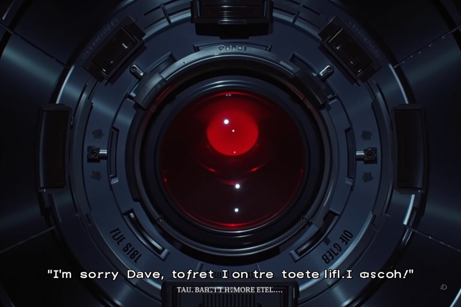 Film Stillof Hal 9000, the iconic AI from 2001: A Space Odyssey, displayed in a futuristic control room. The glowing red eye of Hal is prominently featured at the center of the image, with sleek metallic surroundings. A subtitle with the text "I'm sorry Dave, I'm afraid I can't do that without some buzz." The overall atmosphere is cold, sterile, and eerie, reflecting the tense interaction between Hal and Dave, with a humorous twist in the dialogue. The lighting is minimal, focusing on the red glow from Hal's eye and the reflections on the metallic surfaces.