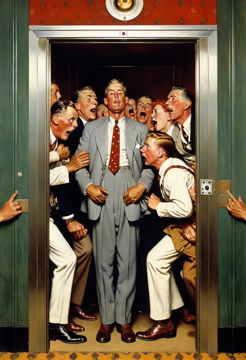 Interior of an elevator. A businessman, akimbo, joyfully & proudly farting on a crowded elevator as others wretch, grimace, and cover their noses, Norman Rockwell painting