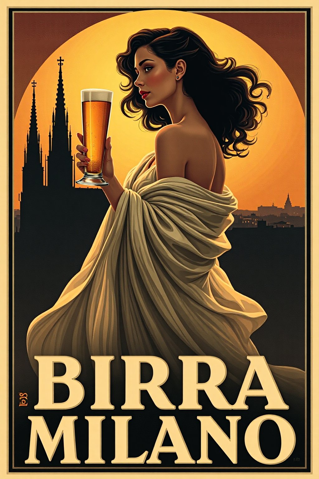 An Art Nouveau-style vintage advertisement for 'Birra Milano.' The poster features a dark-haired woman with flowing hair, wrapped in a flowing, ethereal gown. She holds a tall glass of beer with elegance. The background showcases a silhouette of the iconic Milan Cathedral at sunset, with a warm orange and golden sky fading into darker tones. The large, bold text at the bottom reads 'BIRRA MILANO' in a classic font, complementing the overall artistic and elegant aesthetic of the poster.