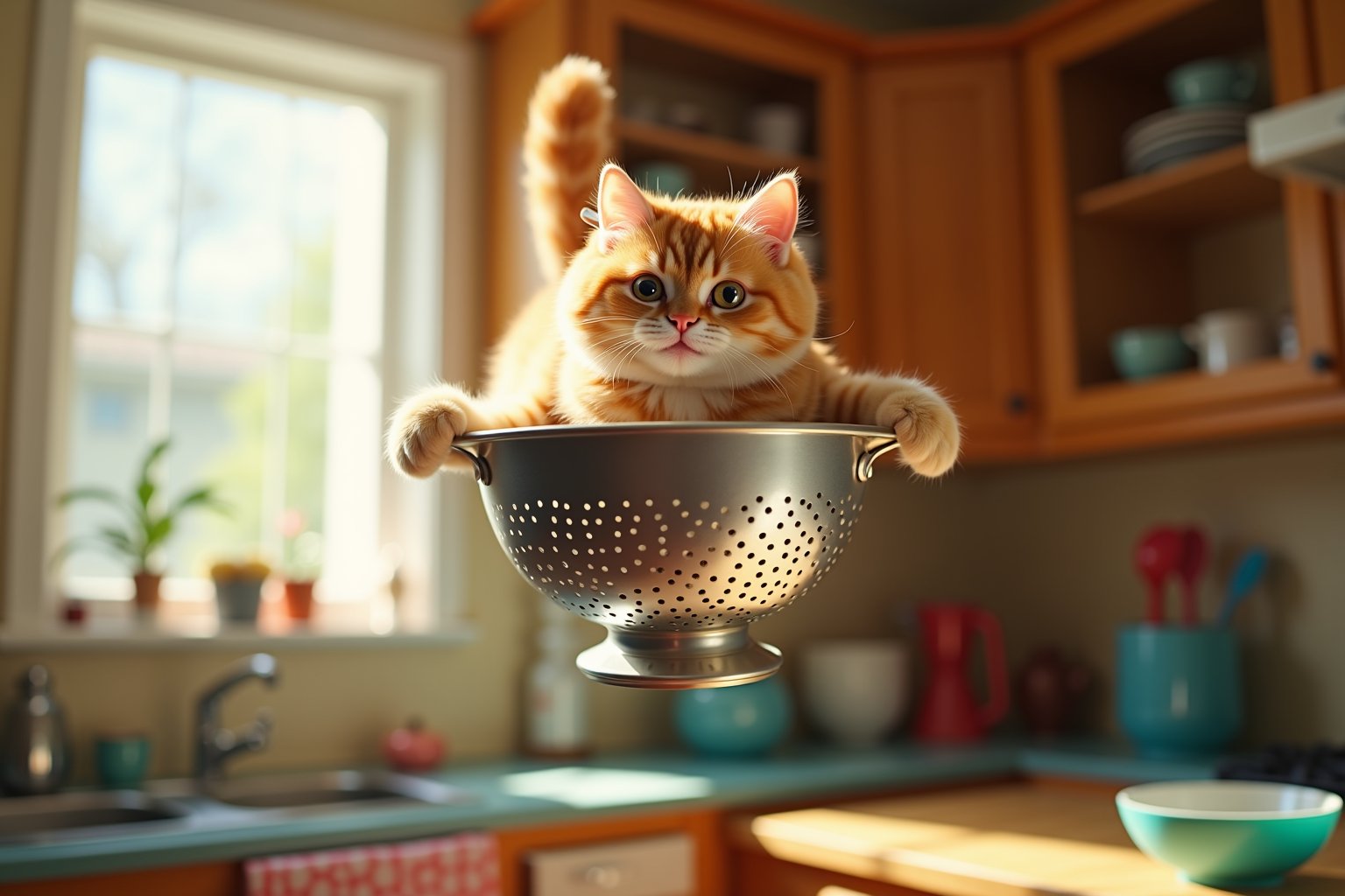 A whimsical image of a cat perched on a colander, effortlessly floating in mid-air within a cozy kitchen. The cat has a mischievous grin on its face, while the colander appears to act as a makeshift flying device. The kitchen below features an array of colorful utensils and appliances, with sunlight streaming through the window, casting a warm glow on the scene. The overall atmosphere is playful and charming, showcasing the unexpected and delightful nature of everyday life.