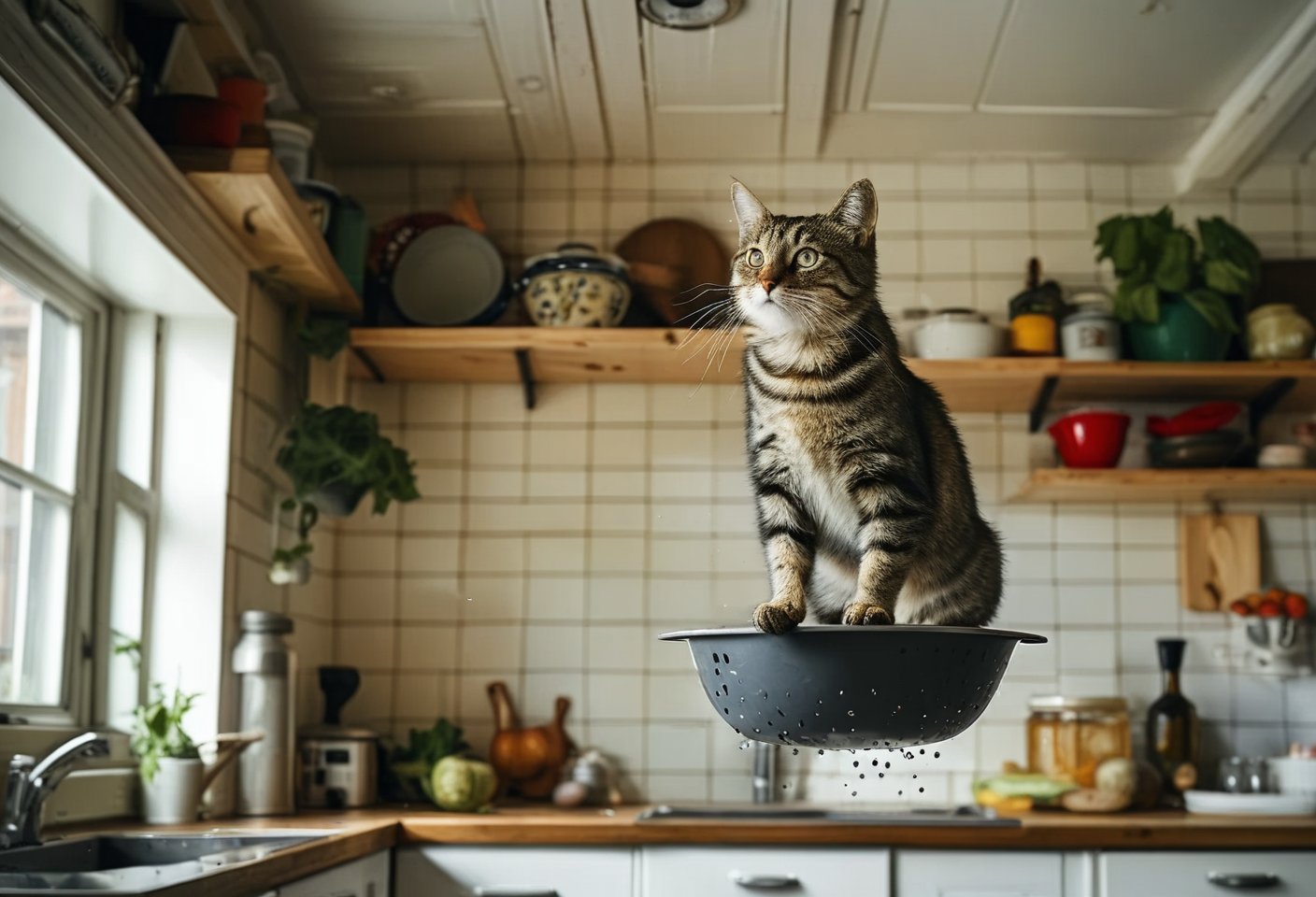 A cat riding a colander, floating in midair in the kitchen, shot from below