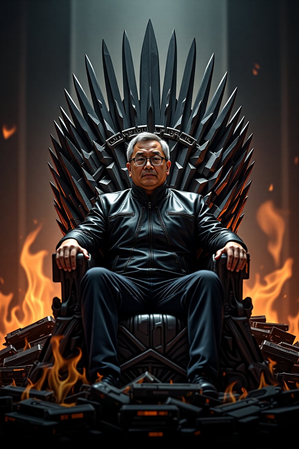 A Parody poster titled "GPU of Thrones". The throne is a towering, intricate gaming computer , witht the word "NVIDIA H100" written on it.  Surround it are piles of NVIDIA GPUs, Sitting confidently on this throne is Jensen Huang, a short, 50-year-old Asian man with glasses, graying hair, and his signature black leather jacket. His posture is relaxed but commanding, embodying the cool authority of a tech titan. The flames from the GPUs cast dynamic, glowing reflections off his glasses and jacket, emphasizing his central role in this tech-empire parody. 