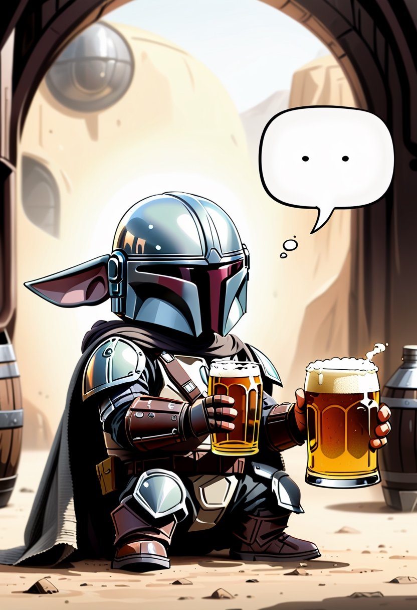 The Mandalorian as a Baby, drinking beer ,  Comic strip speech bubble says "BEER!". 