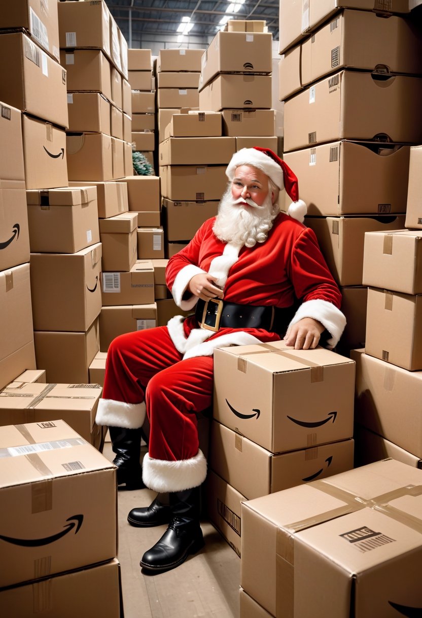 Photo a Santa Claus working at a warehouse, pile of amazon boxes, art by J.C. Leyendecker, Canon 5d Mark 4, Kodak Ektar