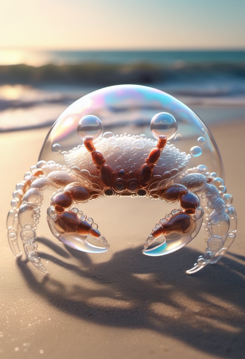 photorealistic fully transparent unusual crab completely made of soap bubbles, highly detailed, on the beach in front of the ocean, perfectly renderedLora: Aether_Bubbles_And_Foam_v1_SDXL_LoRA", "weight": 0.62