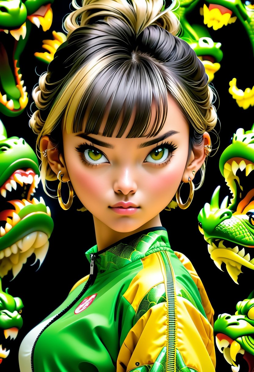 A gorgeous young girl wearing a green t-shirt, puffed bland and yellow silk jacket, black track pant, huge ear rings, human ears, short blonde hair, straight pose, standing pose, calm and style, perfect proportions, surrounded by multiple dragons, brutal dragons, dark green dragons, detailed dragon scales, in the style of Suehiro maruo, etam cru, irene sheri, punctured canvases, (Realistic), masterpiece, best quality, cinematic lighting, natural shadow, highest detail, professional photography, detailed background, insane details, intricate, aesthetic, subsurface scattering, dark tones, in the style of yellow, green and black tones    ,art by mooncryptowow