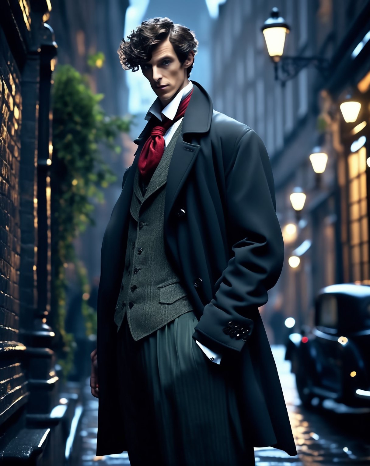 Full length portrait of a young Sherlock Holmes dressed as a stylish youngster, white wrinkled shirt, black leather pant, red tie, cool red footwear and over shoulder yellow vinyl jacket, short black hair, undercut hairstyle, the hedge detective that constantly snookers mystery at their own games, standing in the middle of a hyper detailed night lit London street, hyper-realistic, ultra-detailed, fine detail, magical, majestic, fantasy, cinematic lighting, cinematic render, cinematic ambience, backlighting, super-realistic, super-detailed, RTX on, Redshift render, dark tone