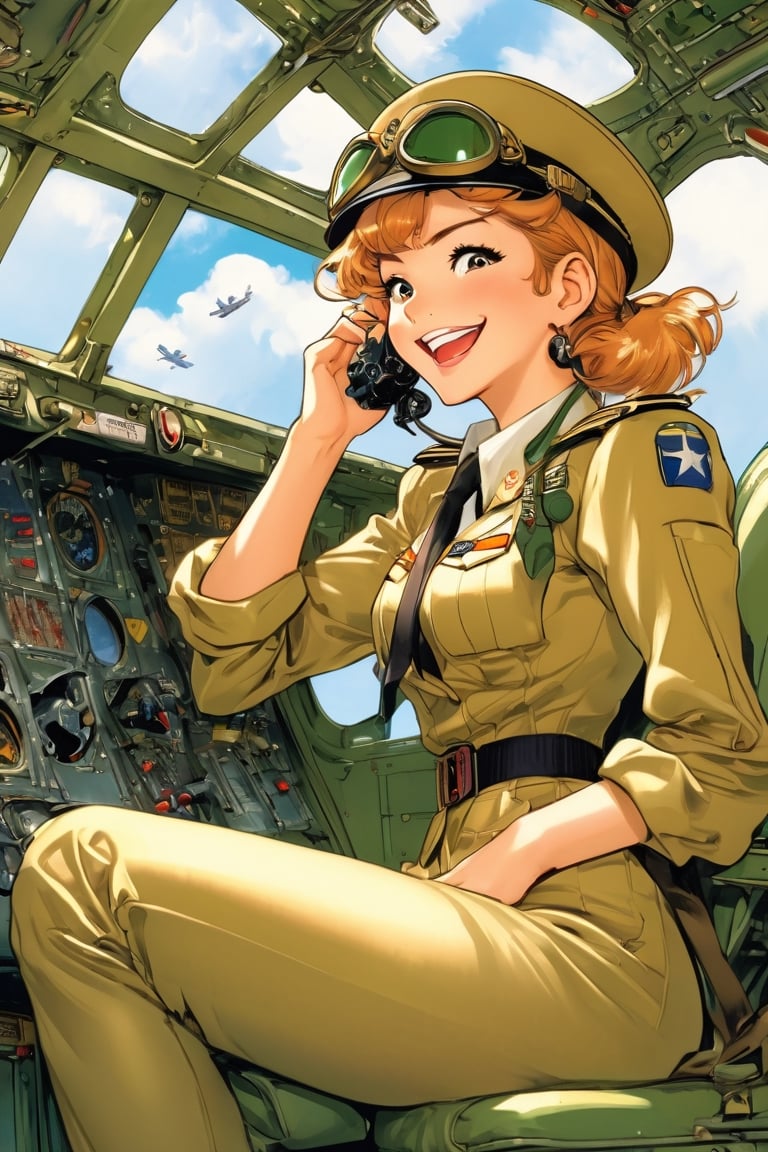 Anime Network, Female Pilot, laughing, bored expression, inside WW2 airplane cockpit, art by Masamune Shirow, art by J.C. Leyendecker . anime style, key visual, vibrant, studio anime